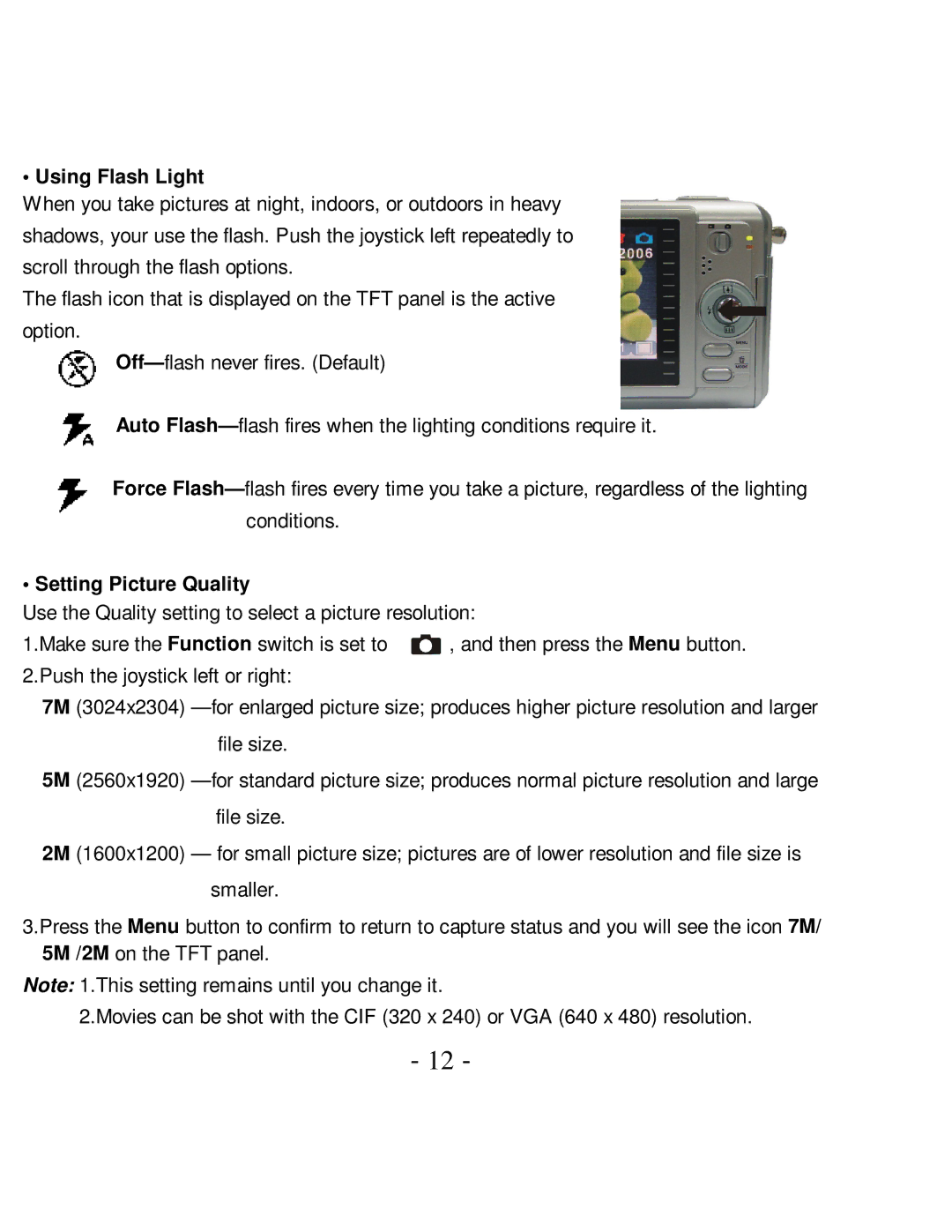 VistaQuest VQ-7024 user manual Using Flash Light, Setting Picture Quality 