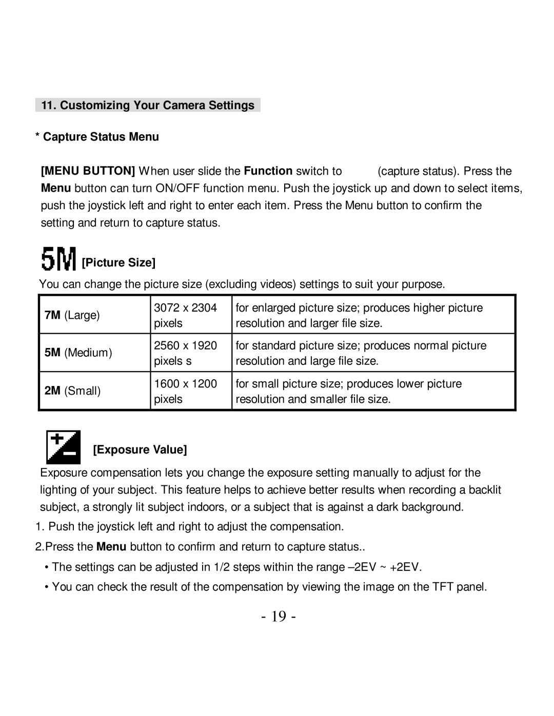 VistaQuest VQ-7024 user manual Customizing Your Camera Settings Capture Status Menu, Picture Size, Exposure Value 