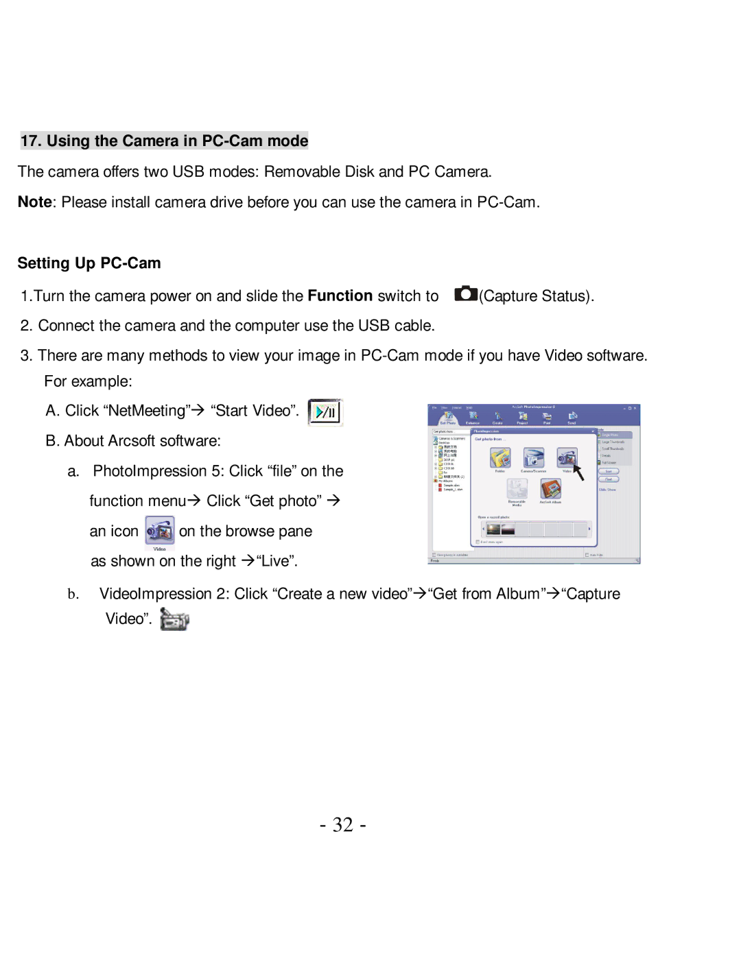 VistaQuest VQ-7024 user manual Using the Camera in PC-Cam mode, Setting Up PC-Cam 