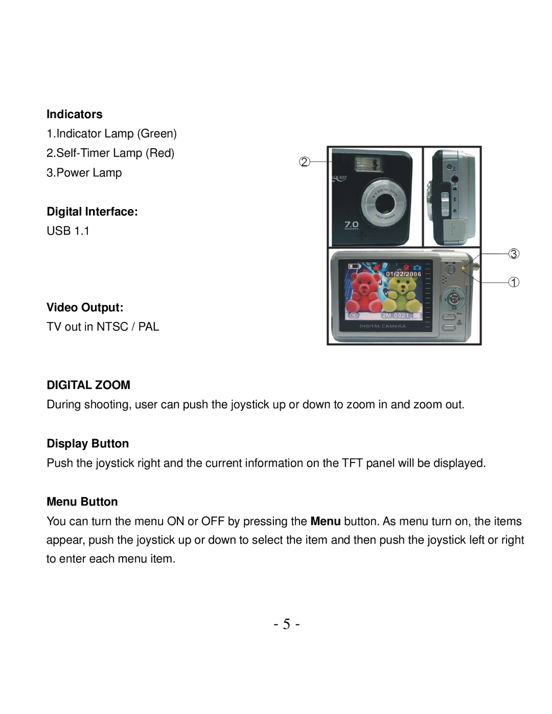 VistaQuest VQ-7024 user manual Indicators, Digital Interface Video Output, Display Button, Menu Button 