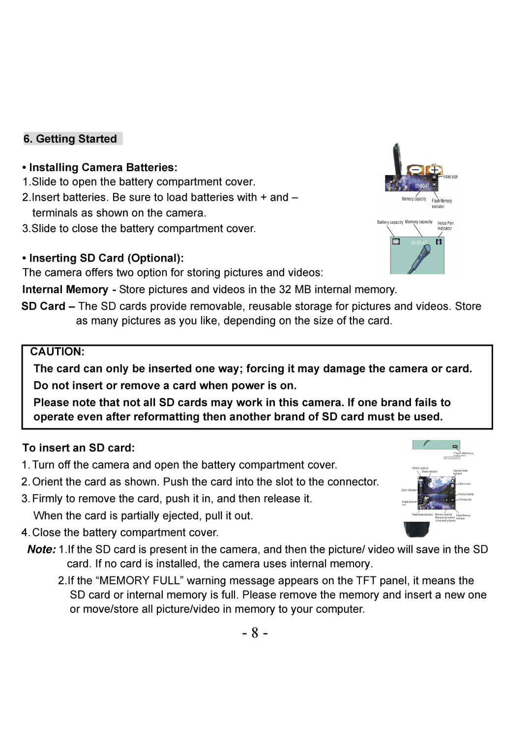 VistaQuest VQ-7228 Getting Started Installing Camera Batteries, Inserting SD Card Optional, To insert an SD card 