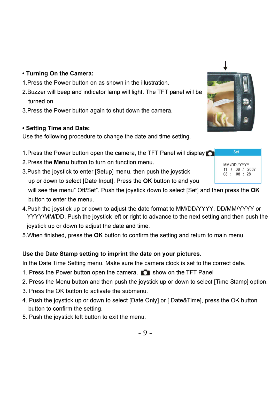 VistaQuest VQ-7228 user manual Turning On the Camera, Setting Time and Date 