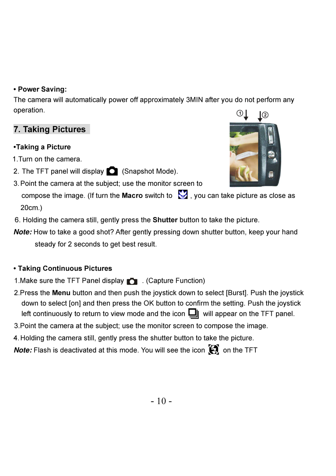 VistaQuest VQ-7228 user manual Taking Pictures, Power Saving, Taking a Picture, Taking Continuous Pictures 