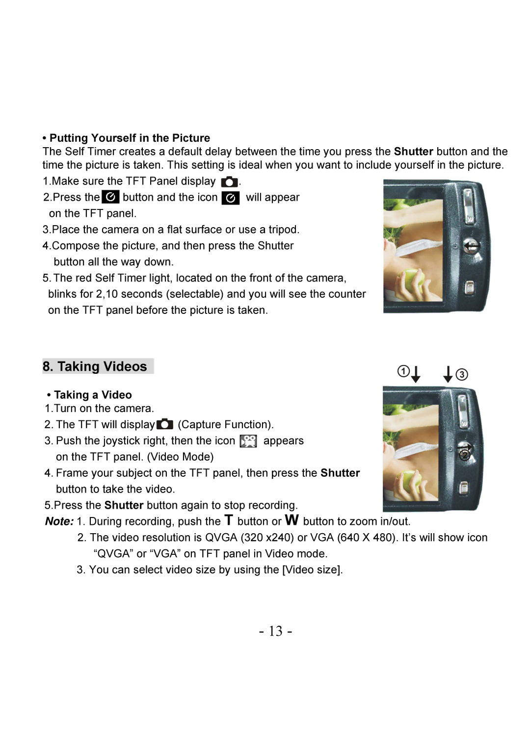 VistaQuest VQ-7228 user manual Taking Videos, Putting Yourself in the Picture 