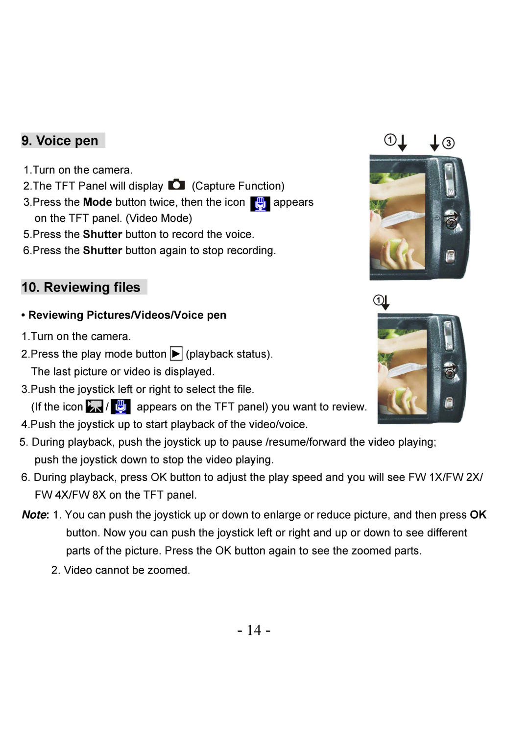 VistaQuest VQ-7228 user manual Reviewing files, Reviewing Pictures/Videos/Voice pen 