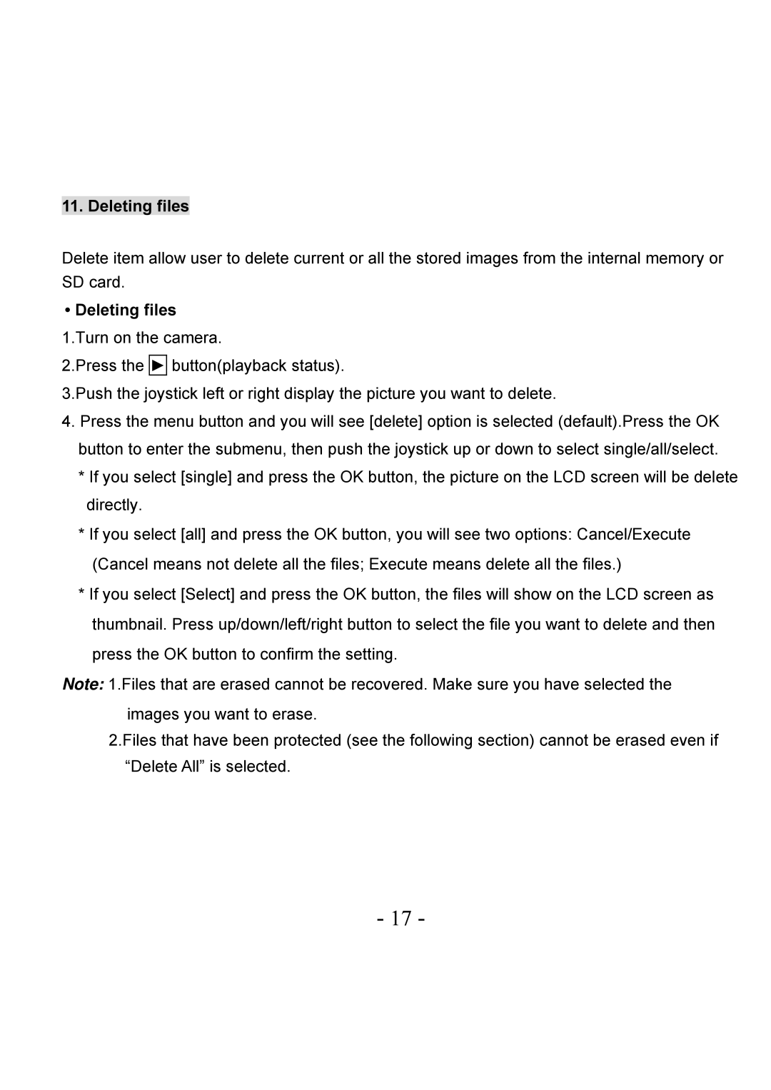 VistaQuest VQ-7228 user manual Deleting files 1.Turn on the camera 