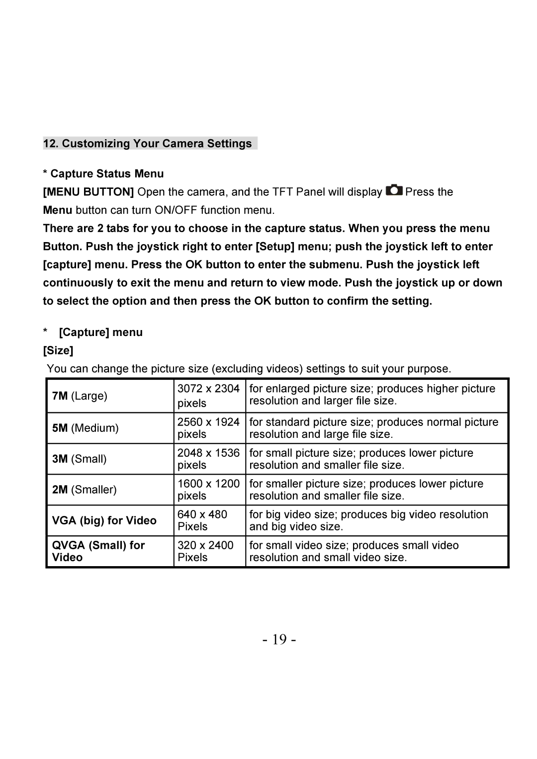 VistaQuest VQ-7228 user manual Customizing Your Camera Settings Capture Status Menu, VGA big for Video, Qvga Small for 