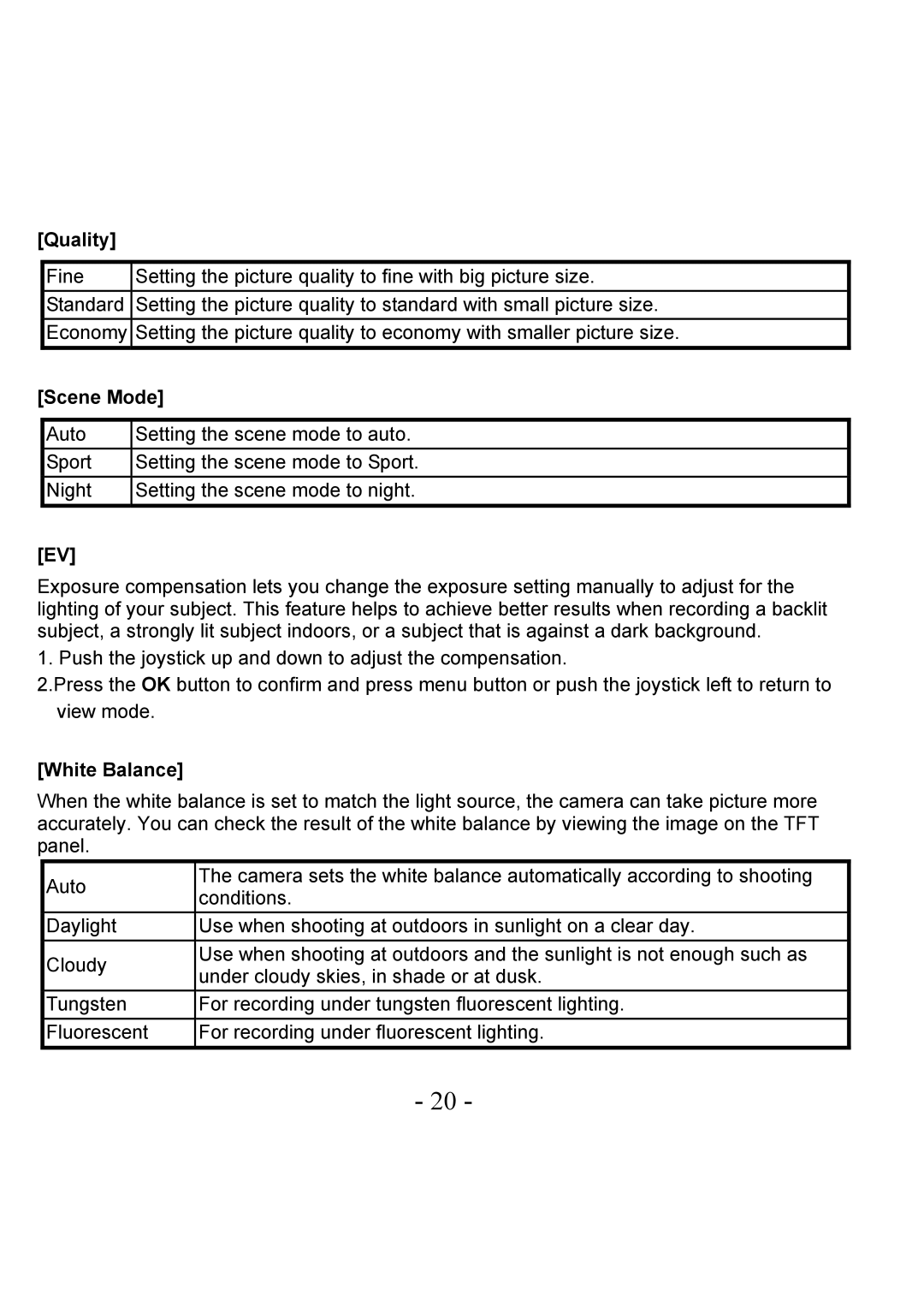 VistaQuest VQ-7228 user manual Quality, Scene Mode, White Balance 