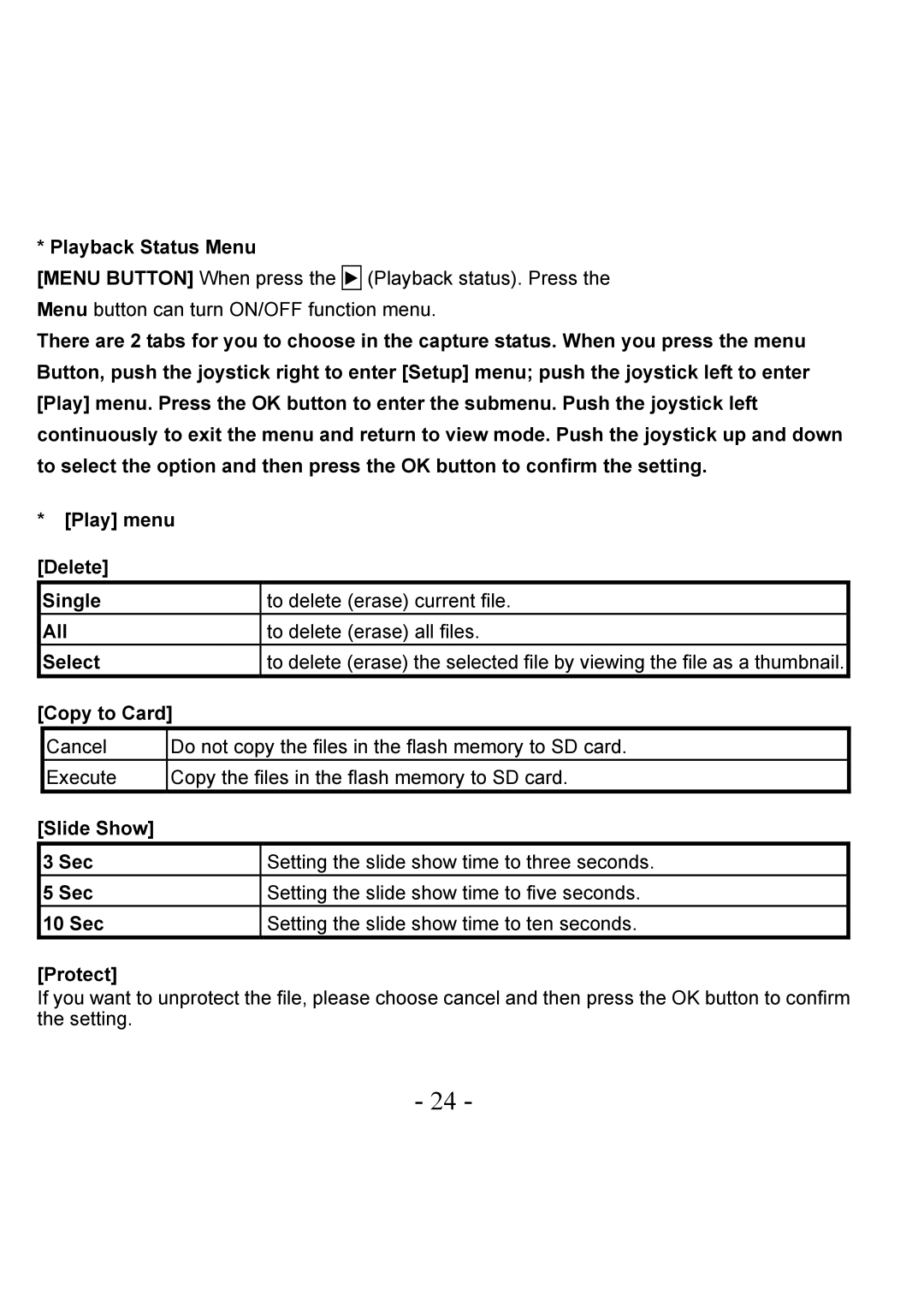 VistaQuest VQ-7228 user manual Playback Status Menu, Slide Show Sec 10 Sec, Protect 