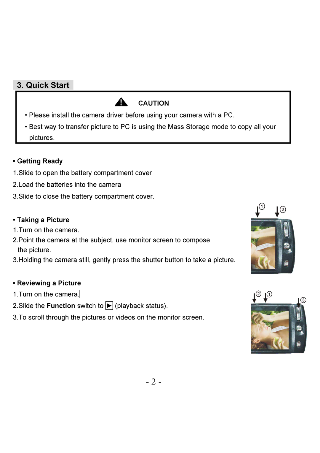 VistaQuest VQ-7228 user manual Quick Start, Getting Ready, Reviewing a Picture 