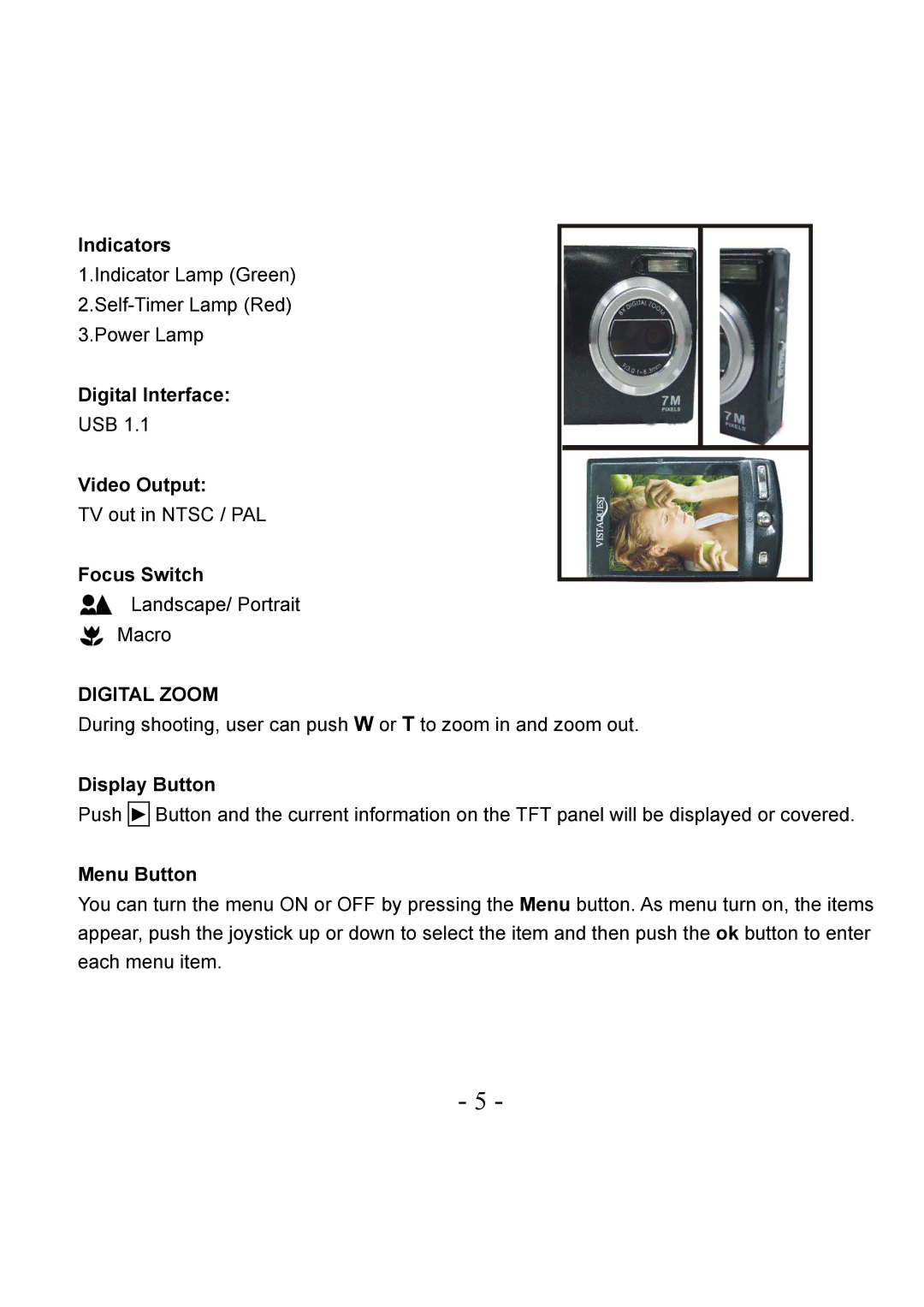 VistaQuest VQ-7228 user manual Indicators, Digital Interface, Video Output, Focus Switch, Display Button, Menu Button 