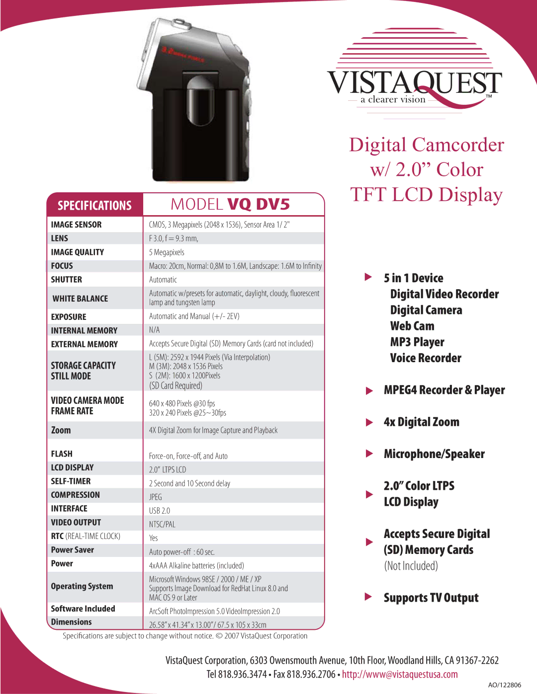 VistaQuest VQ DV5 specifications Digital Camcorder Color TFT LCD Display, Supports TV Output, Zoom, SD Card Required 