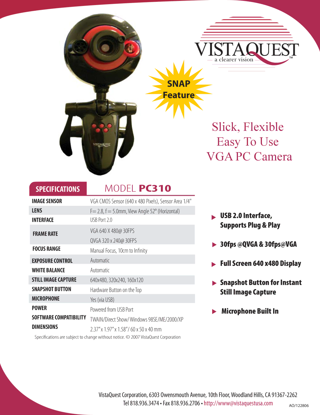 VistaQuest VQ PC310 specifications Slick, Flexible Easy To Use VGA PC Camera, Model PC310, Microphone Built 