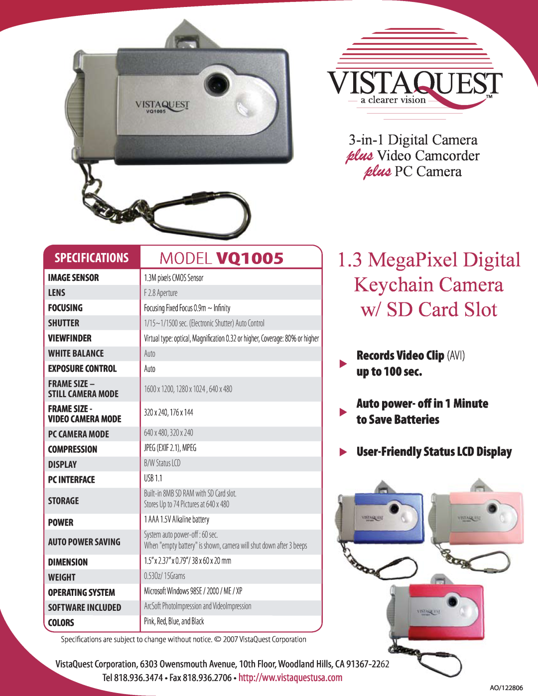 VistaQuest specifications MegaPixel Digital Keychain Camera w/ SD Card Slot, MODEL VQ1005 
