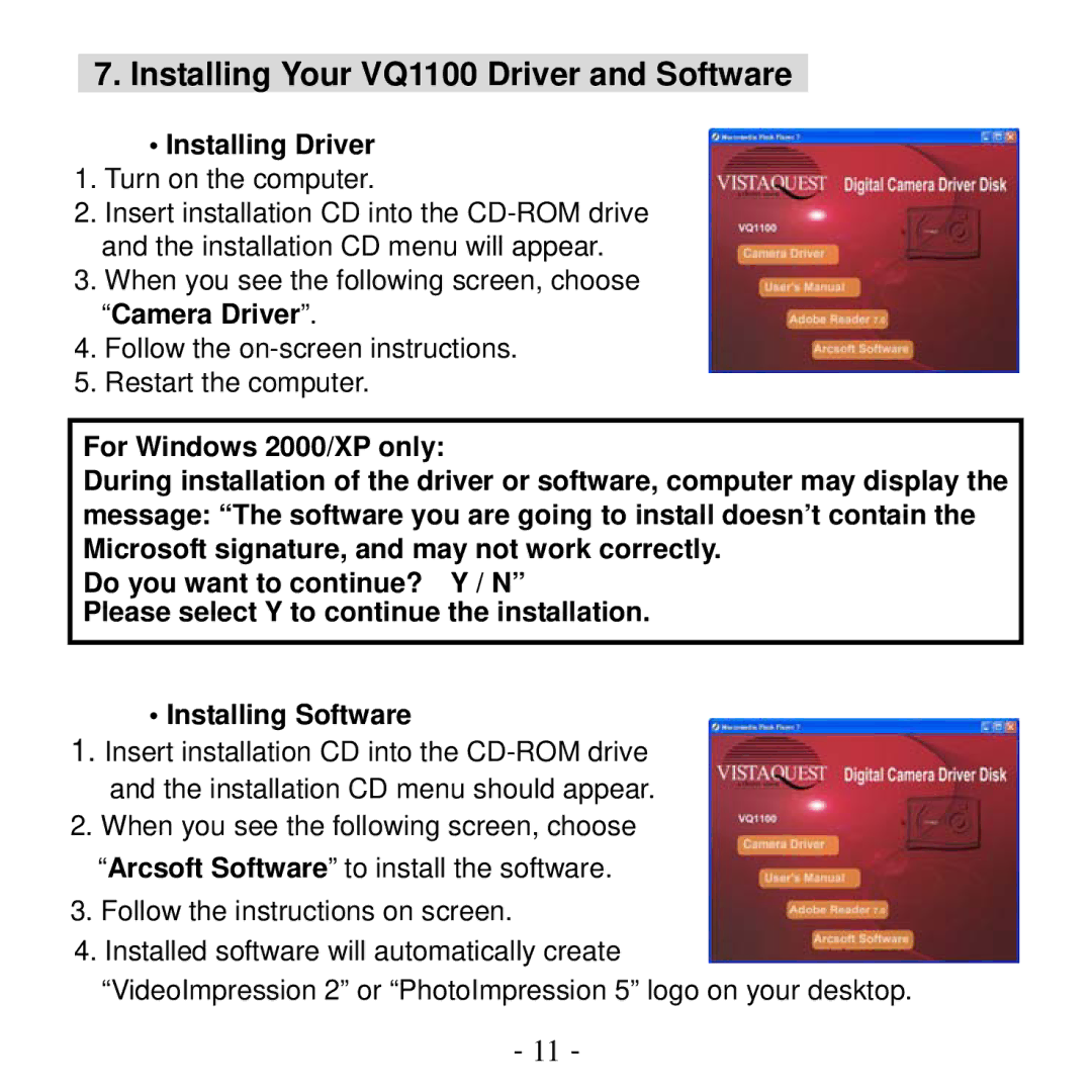 VistaQuest user manual Installing Your VQ1100 Driver and Software, Installing Driver 