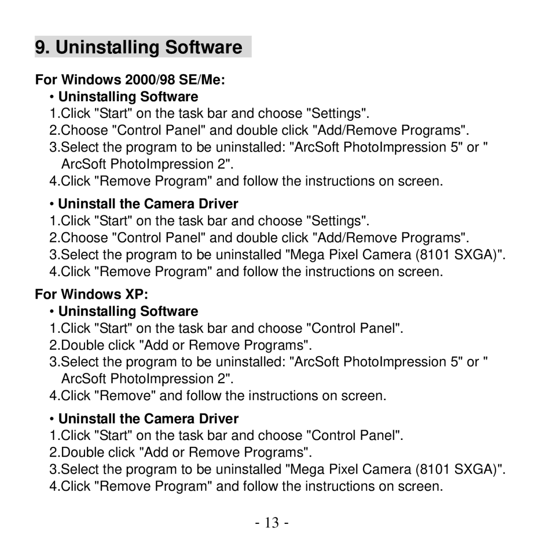 VistaQuest VQ1100 user manual For Windows 2000/98 SE/Me Uninstalling Software, Uninstall the Camera Driver 