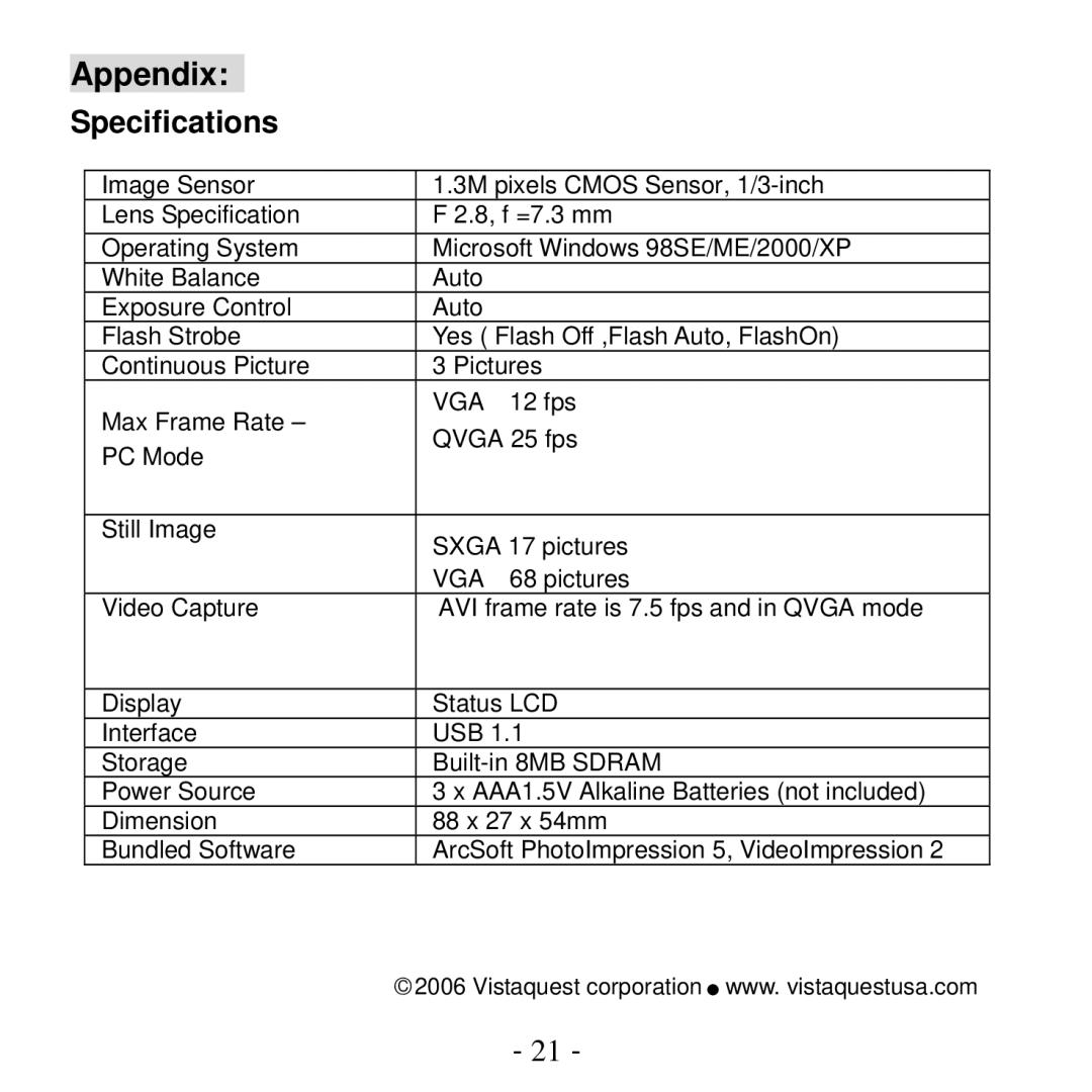 VistaQuest VQ1100 user manual Appendix, Specifications 