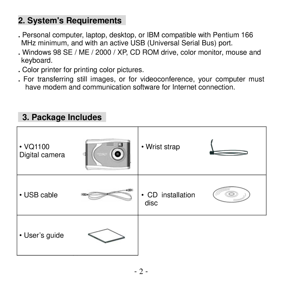 VistaQuest VQ1100 user manual Systems Requirements, Package Includes 