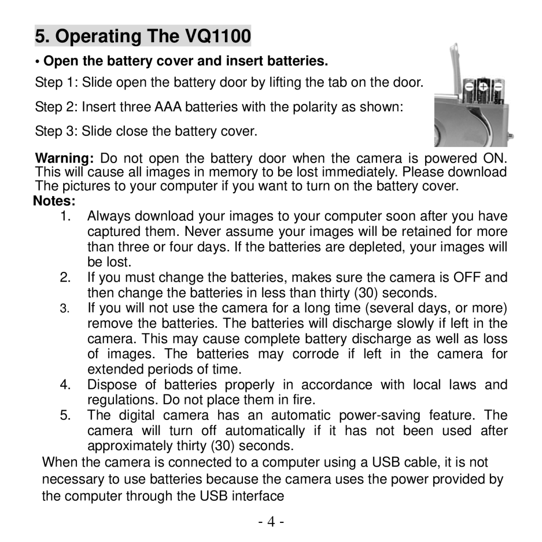 VistaQuest user manual Operating The VQ1100, Open the battery cover and insert batteries 