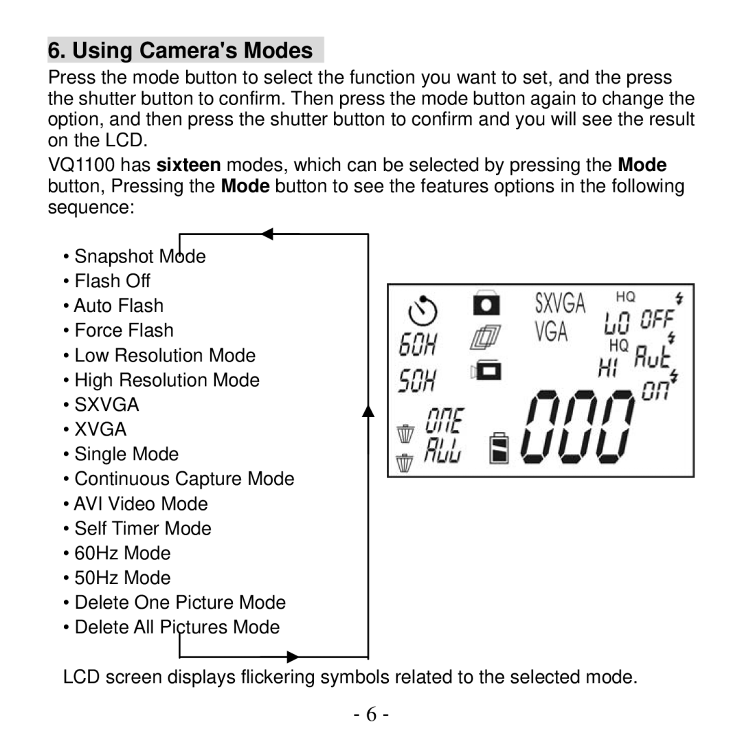 VistaQuest VQ1100 user manual Using Cameras Modes, Sxvga Xvga 