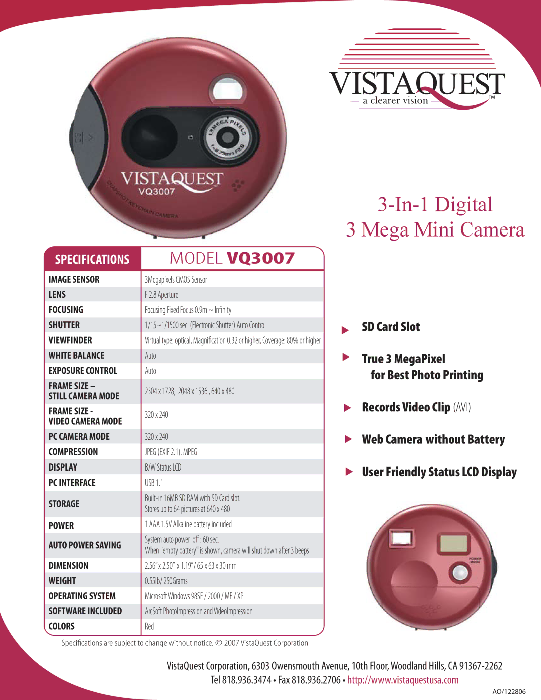 VistaQuest specifications In-1 Digital Mega Mini Camera, Model VQ3007, Web Camera without Battery 