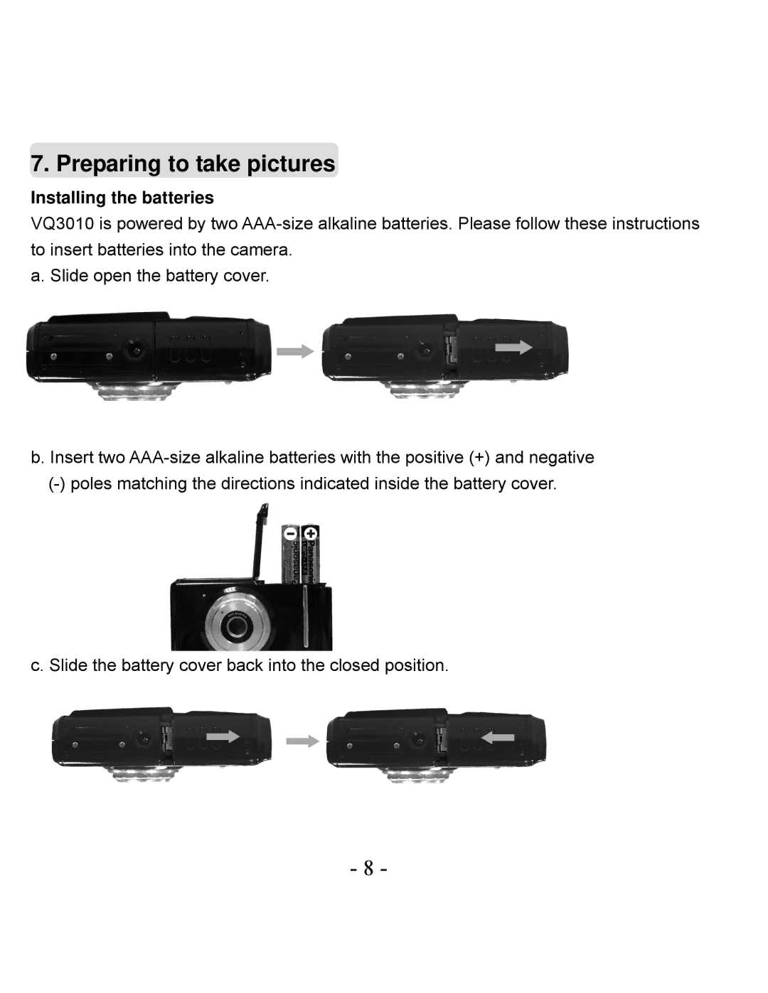 VistaQuest VQ3010 user manual Preparing to take pictures, Installing the batteries 