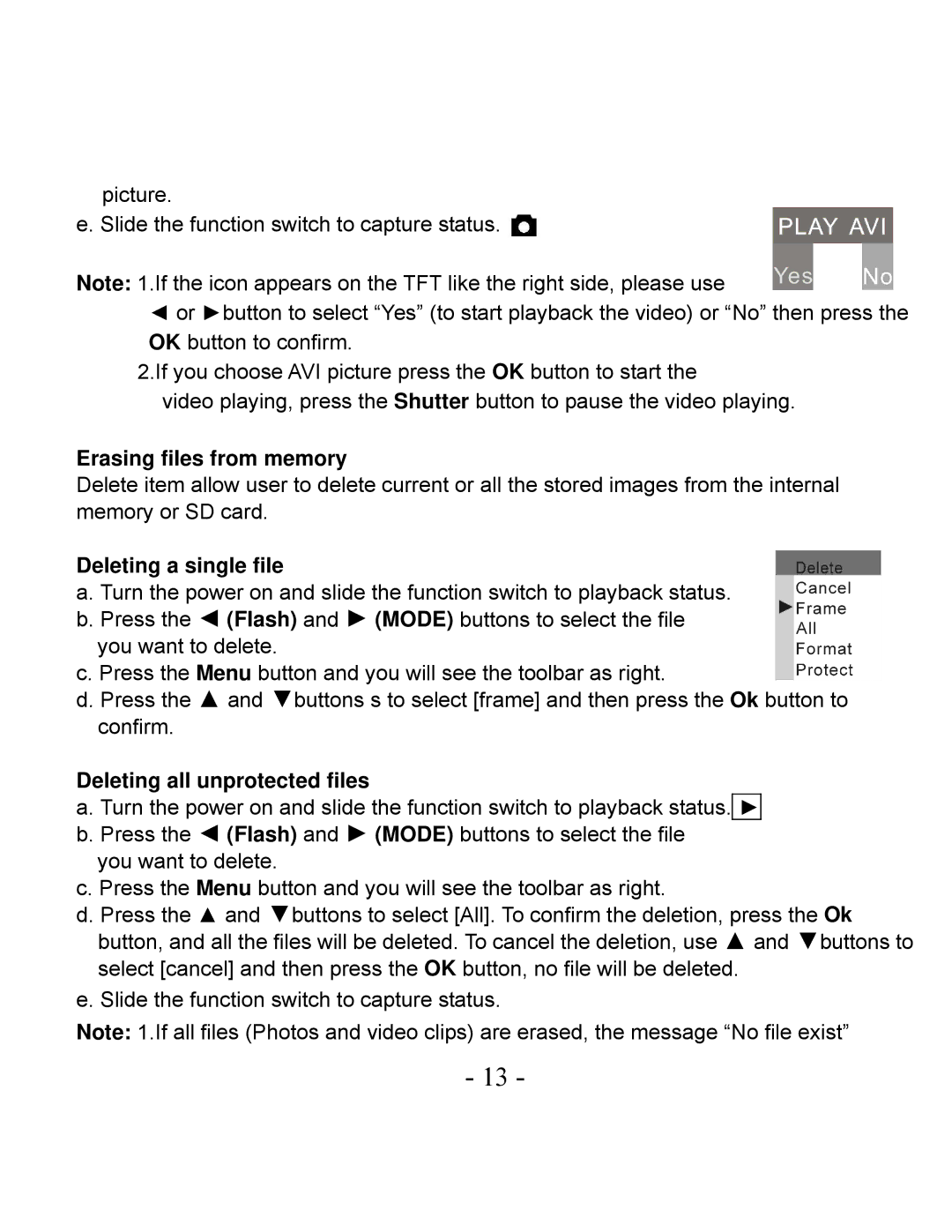 VistaQuest VQ3010 user manual Erasing files from memory, Deleting a single file, Deleting all unprotected files 