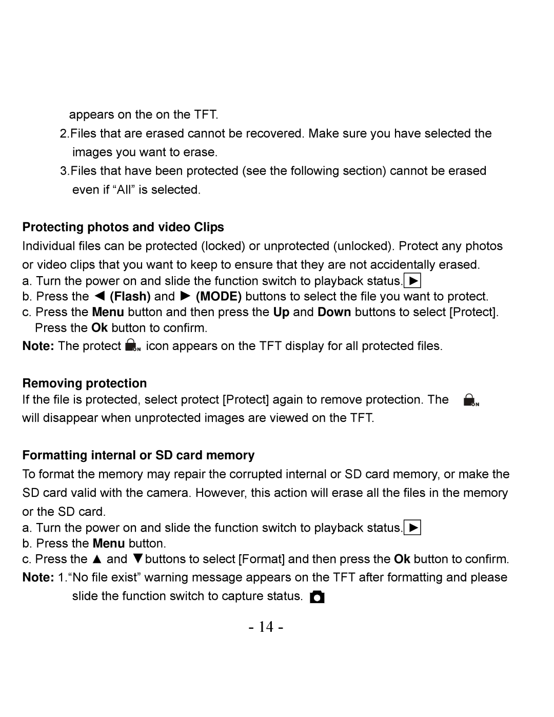 VistaQuest VQ3010 user manual Protecting photos and video Clips, Removing protection, Formatting internal or SD card memory 