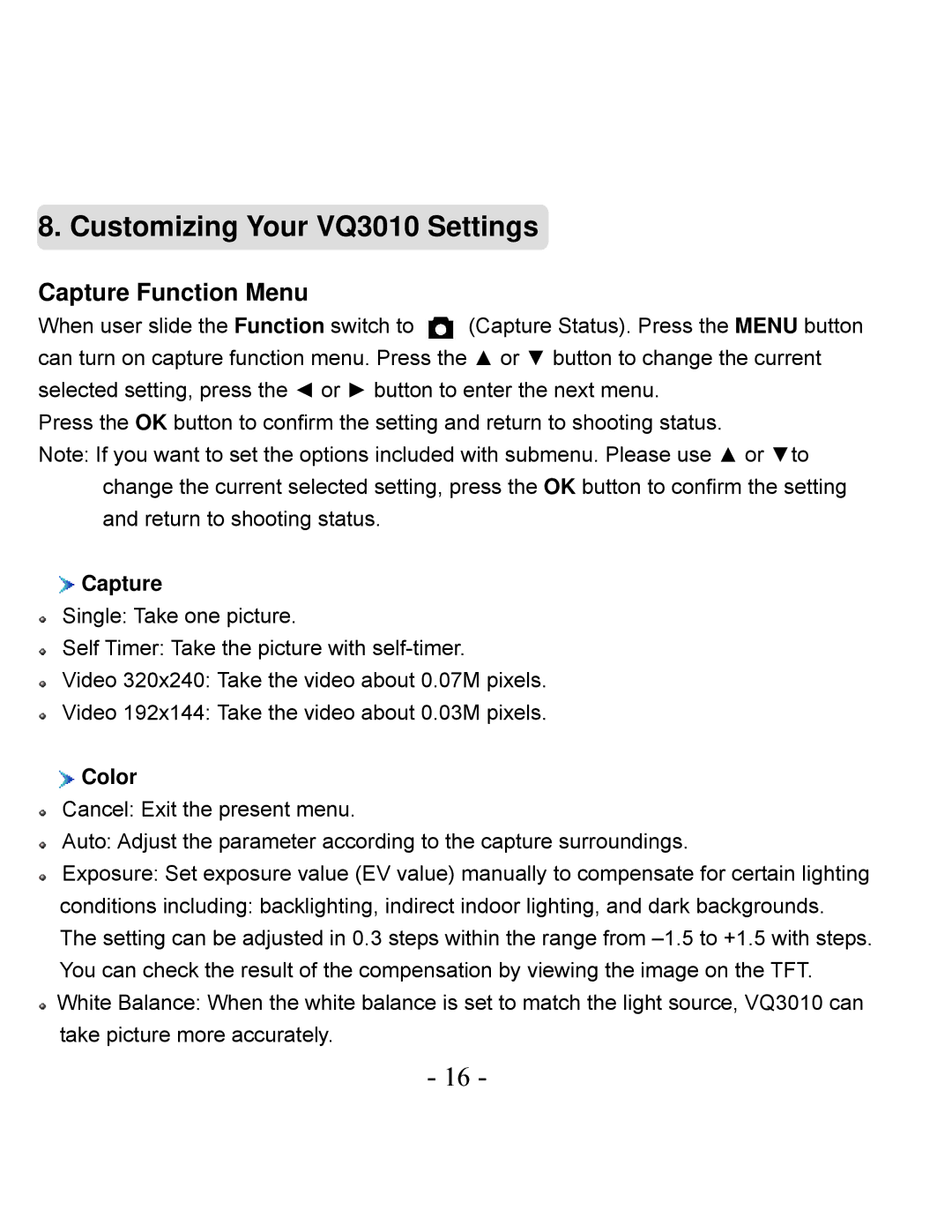 VistaQuest user manual Customizing Your VQ3010 Settings, Capture, Color 