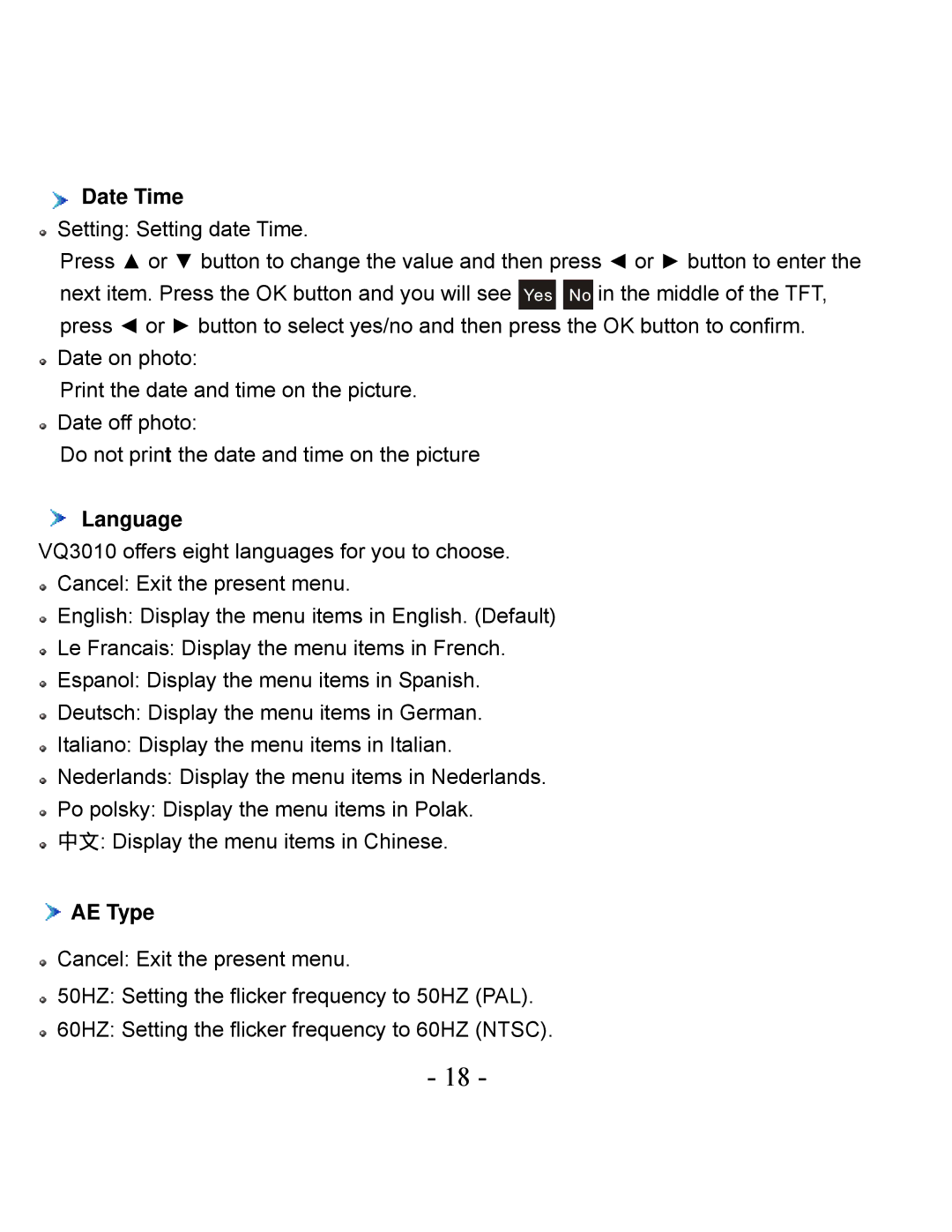 VistaQuest VQ3010 user manual Date Time, Language, AE Type 