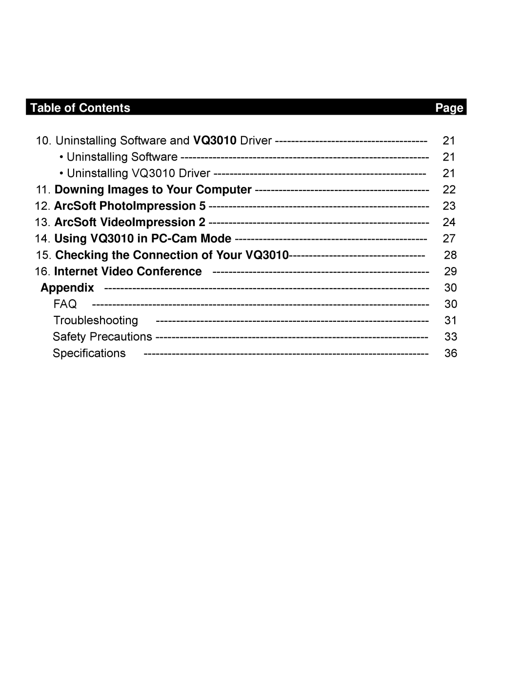 VistaQuest VQ3010 user manual Table of Contents 