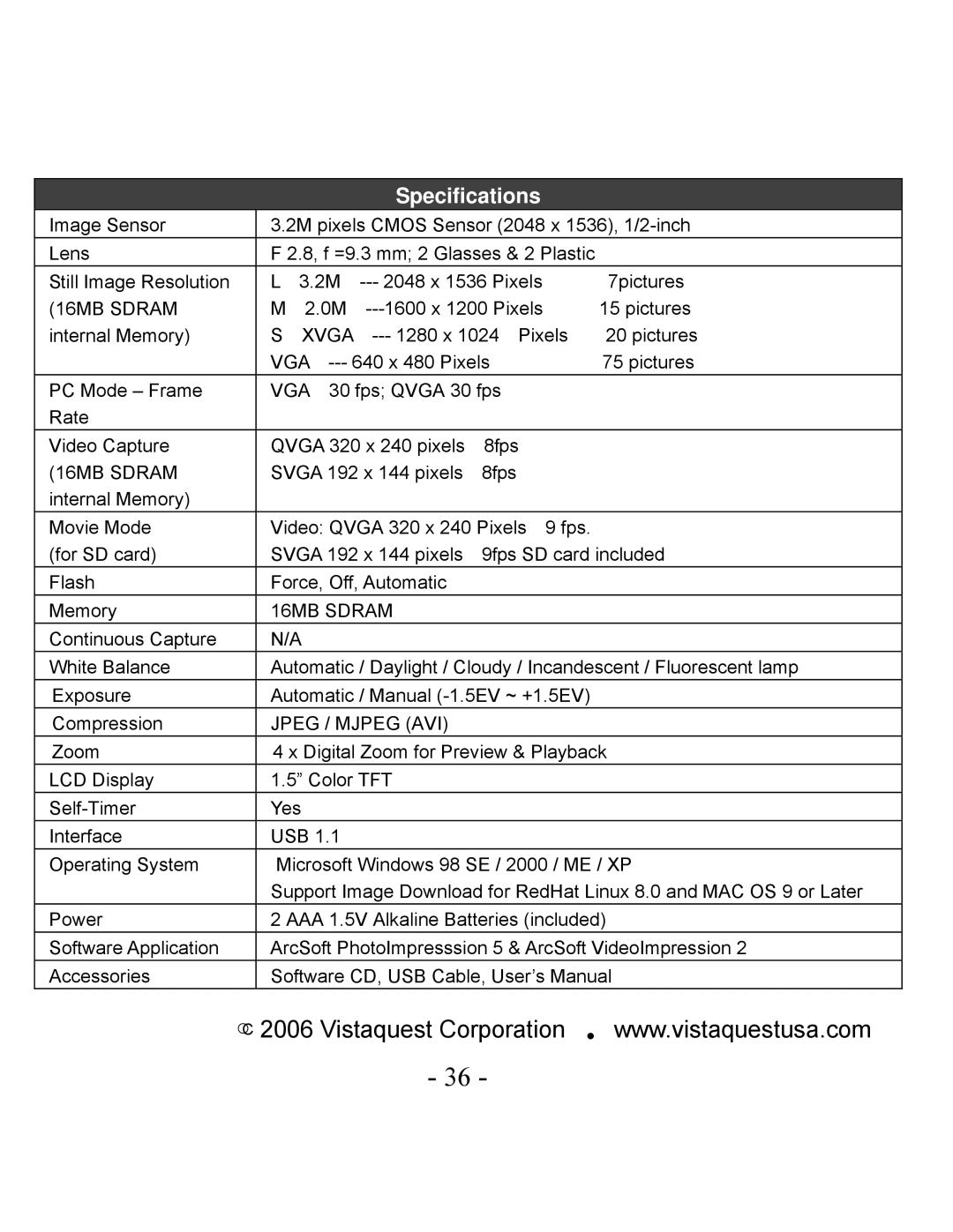 VistaQuest VQ3010 user manual Specifications 