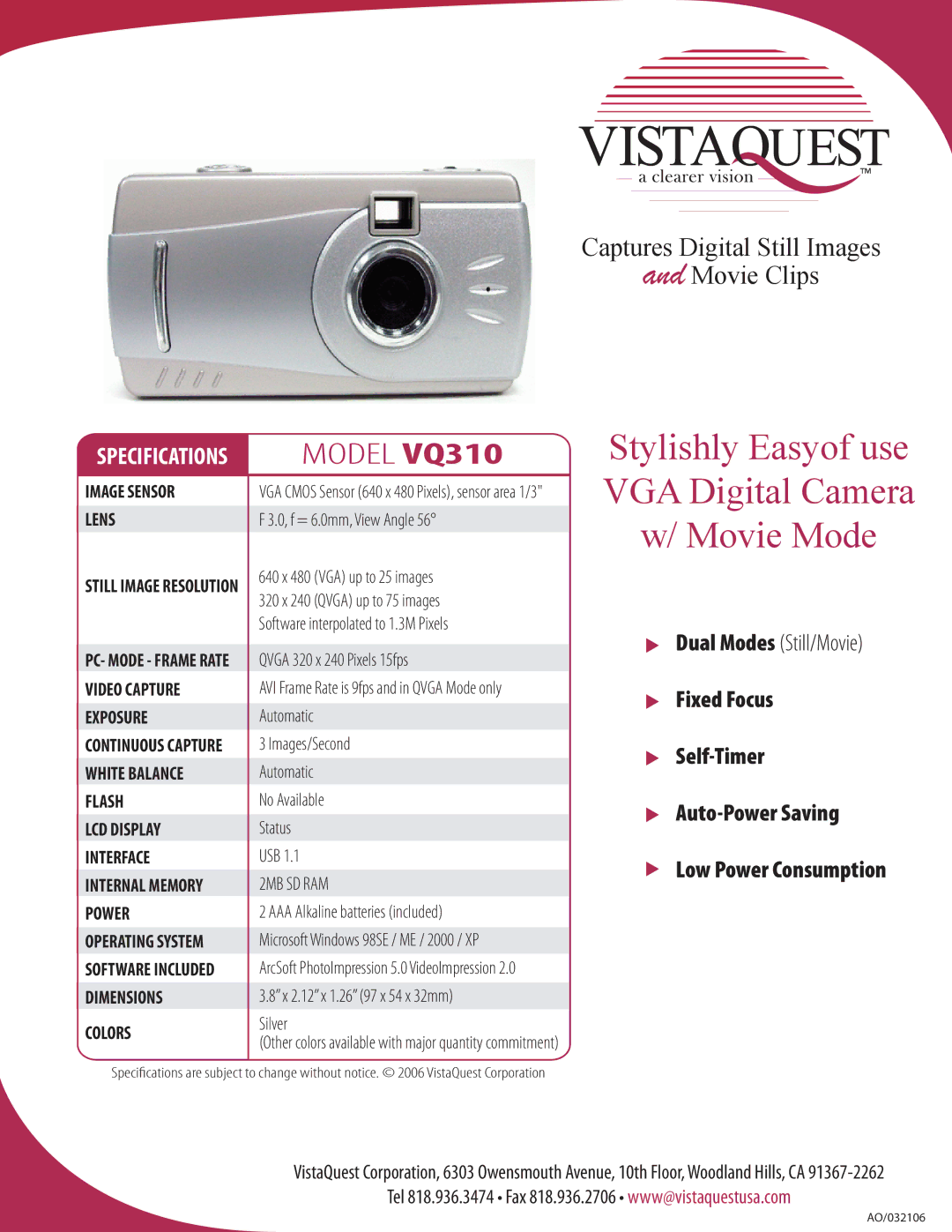 VistaQuest specifications Stylishly Easyof use VGA Digital Camera w/ Movie Mode, Model VQ310, Low Power Consumption 