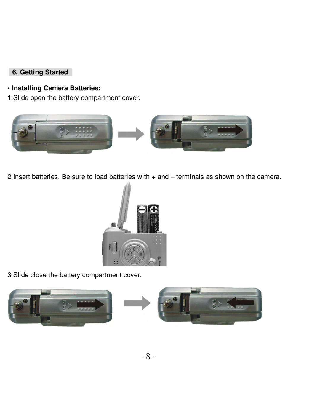 VistaQuest VQ5015 user manual Getting Started Installing Camera Batteries 