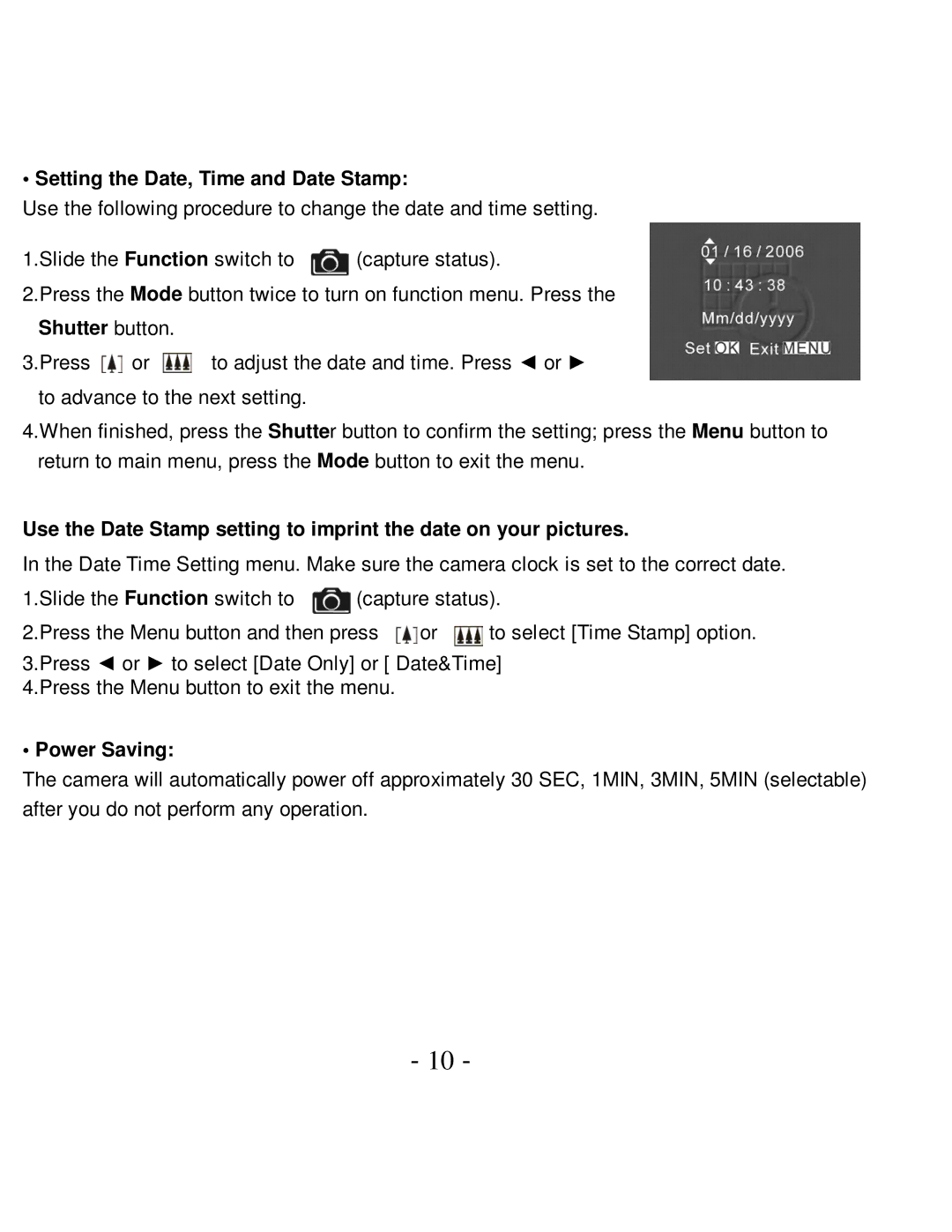 VistaQuest VQ5015 user manual Setting the Date, Time and Date Stamp, Shutter button, Power Saving 