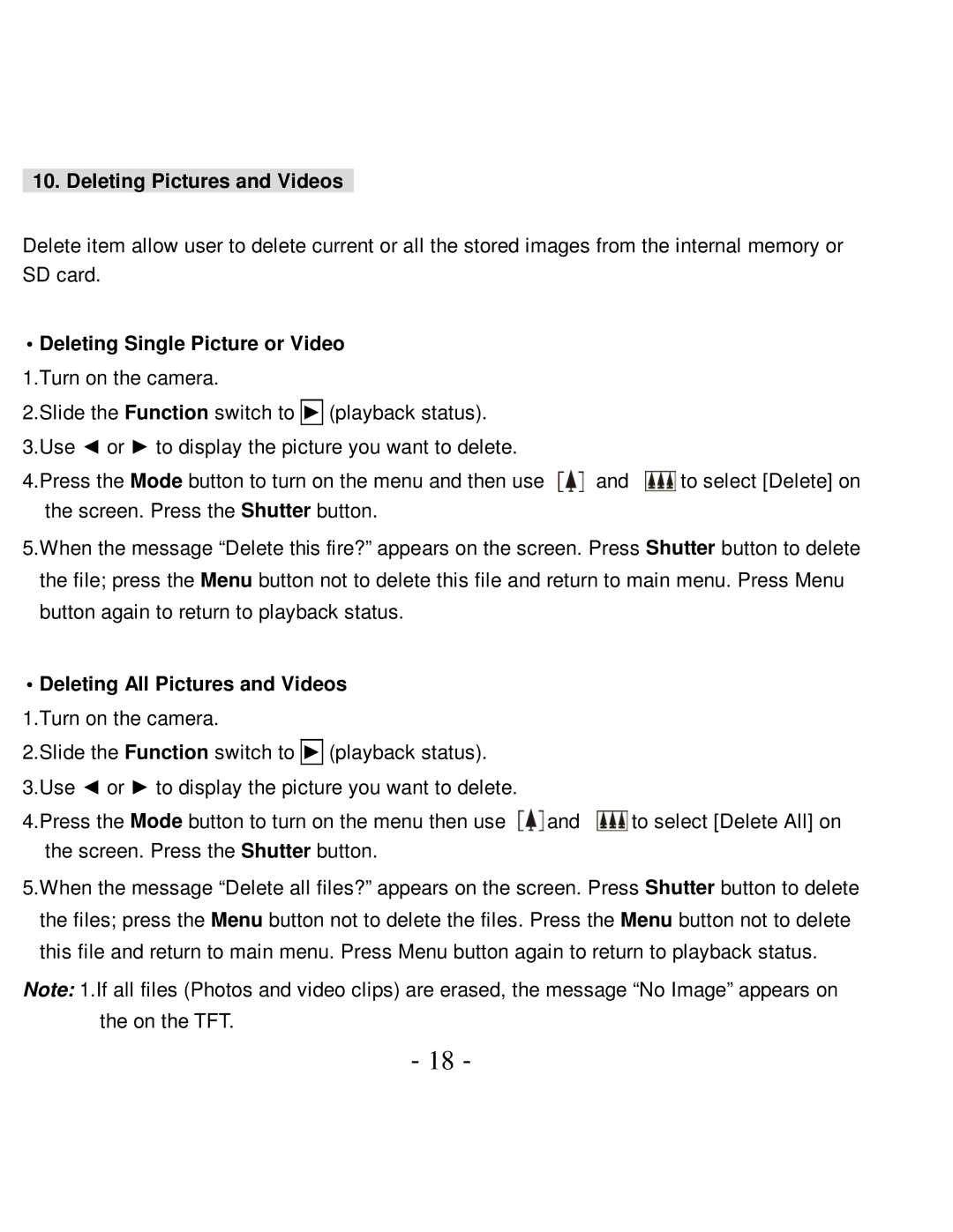 VistaQuest VQ5015 user manual Deleting Pictures and Videos, Deleting Single Picture or Video 1.Turn on the camera 