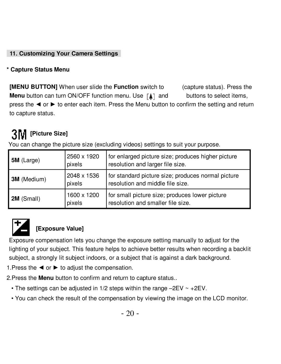 VistaQuest VQ5015 user manual Customizing Your Camera Settings Capture Status Menu, Picture Size, Exposure Value 