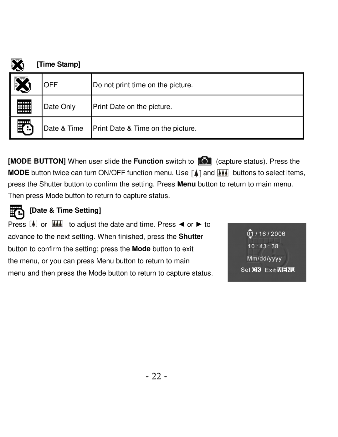 VistaQuest VQ5015 user manual Time Stamp, Date & Time Setting 