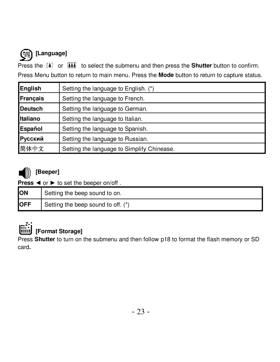 VistaQuest VQ5015 user manual Language, English, Français, Deutsch, Italiano, Español, Beeper, Setting the beep sound to on 