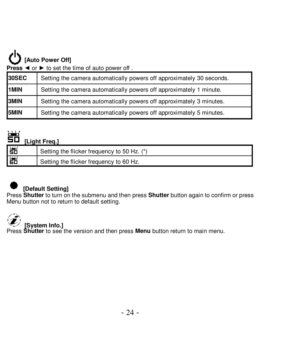 VistaQuest VQ5015 user manual Auto Power Off, Light Freq, Default Setting, System Info 