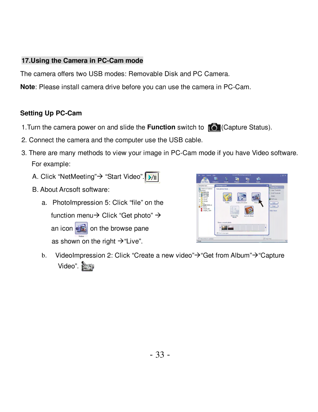 VistaQuest VQ5015 user manual Using the Camera in PC-Cam mode, Setting Up PC-Cam 