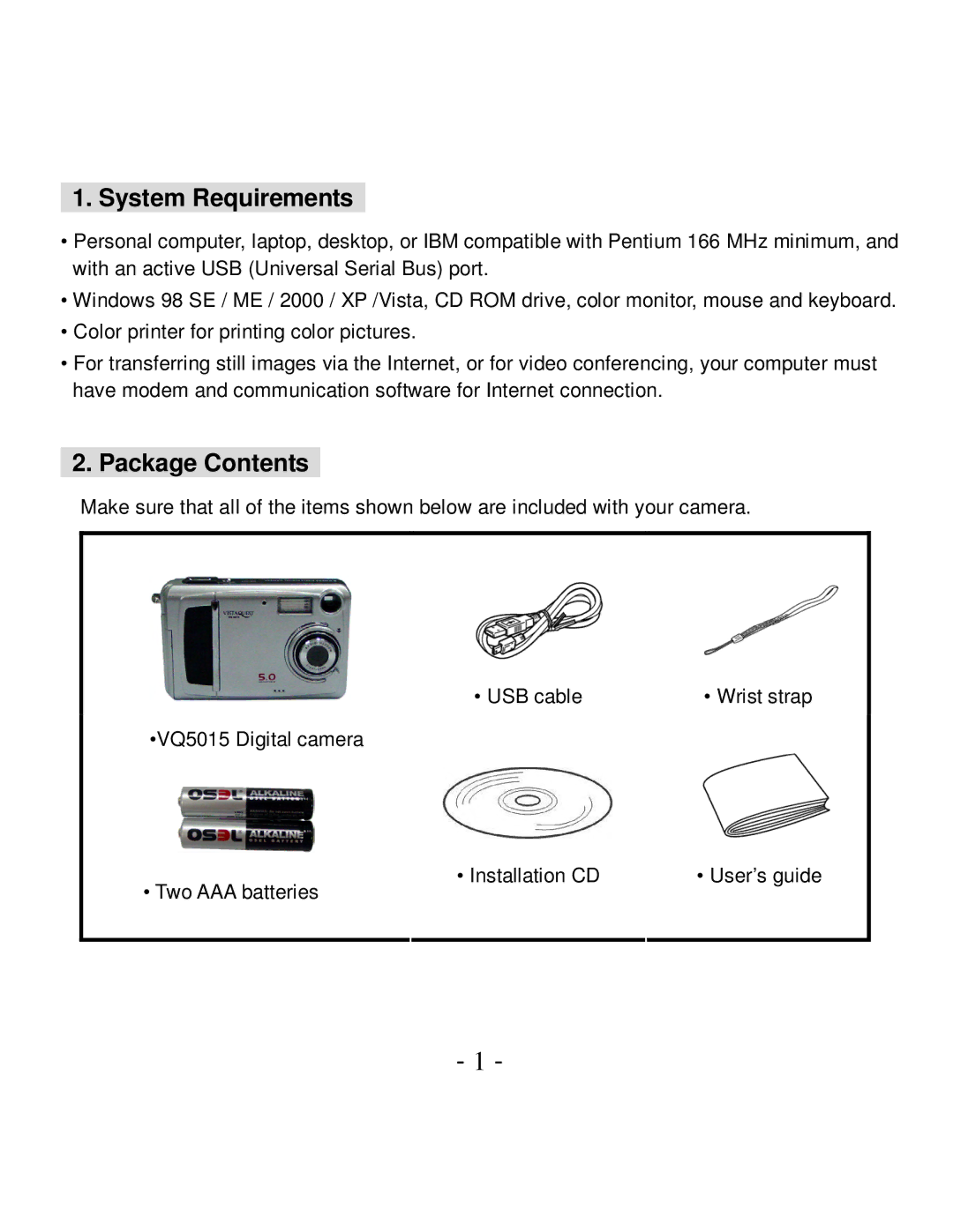 VistaQuest VQ5015 user manual System Requirements, Package Contents 