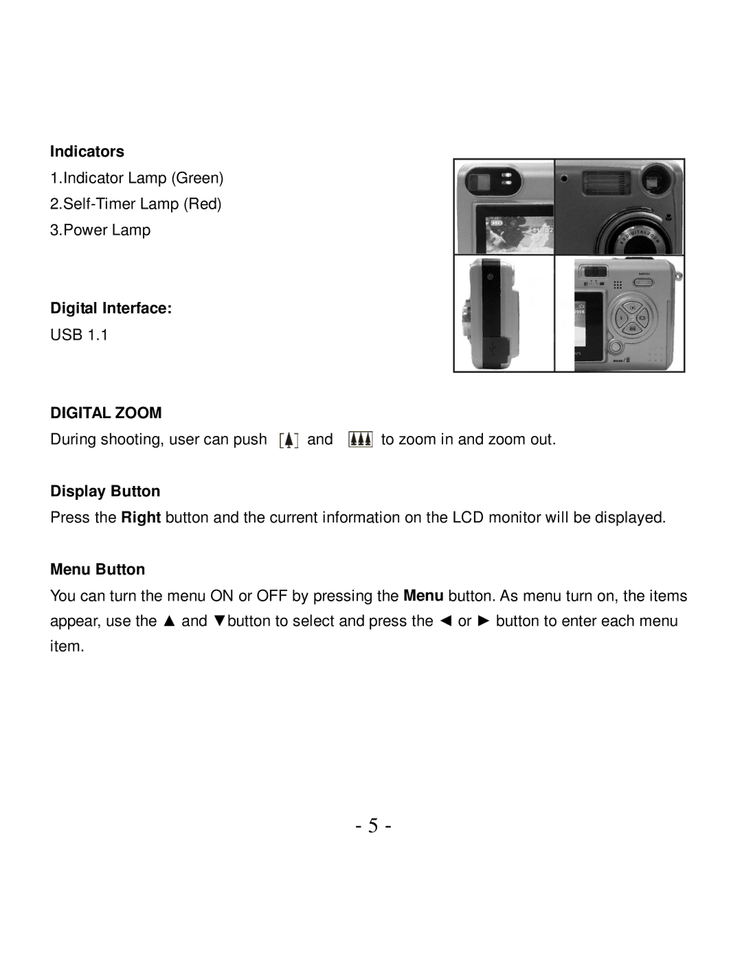 VistaQuest VQ5015 user manual Indicators, Digital Interface, Display Button, Menu Button 