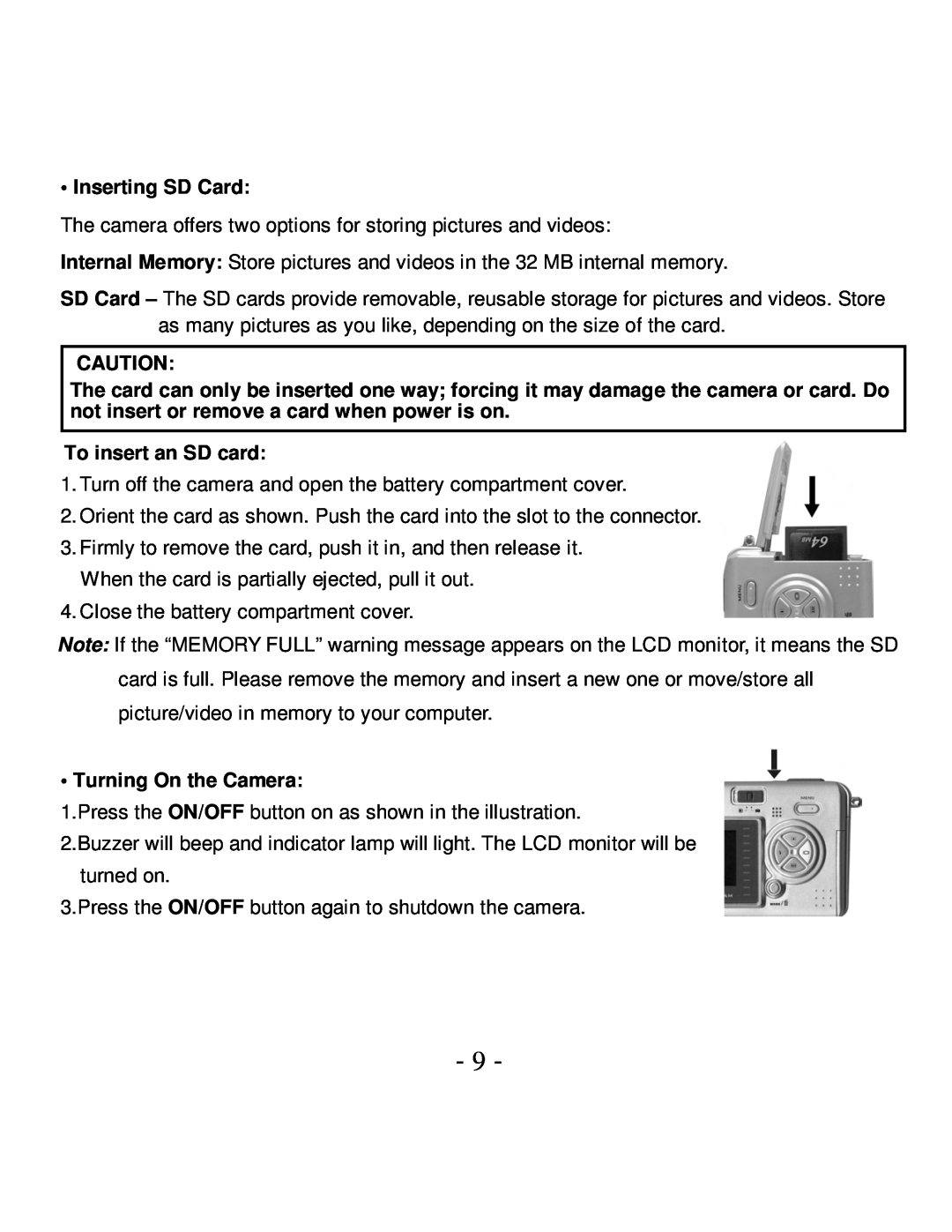 VistaQuest VQ5015 user manual Inserting SD Card, To insert an SD card, Turning On the Camera 