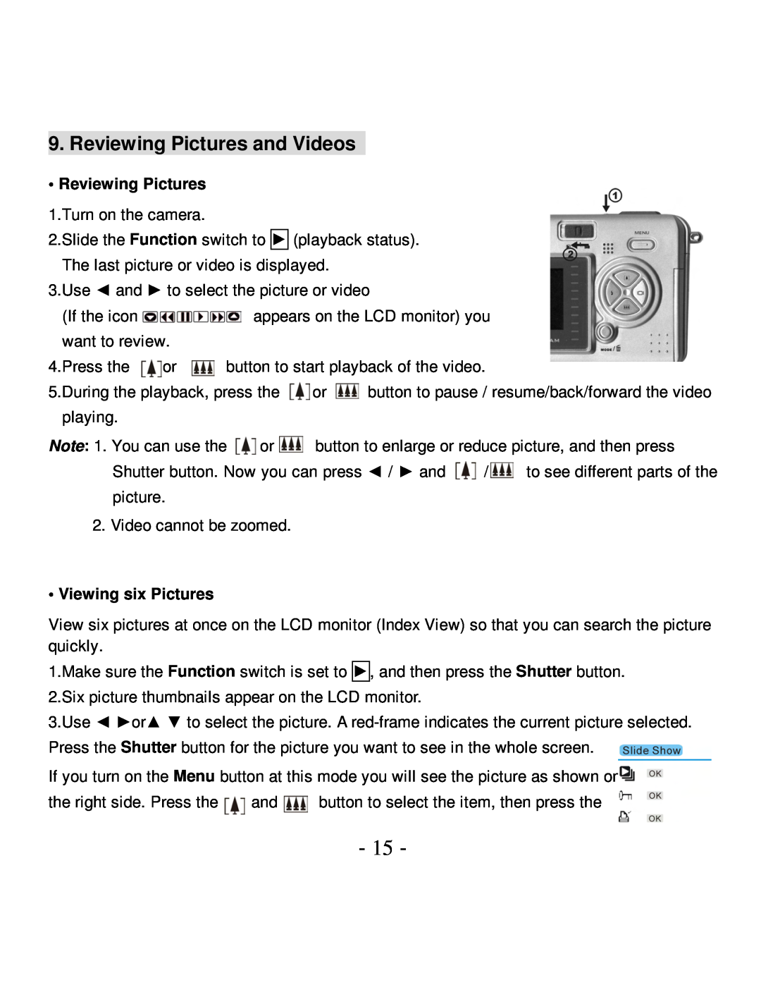 VistaQuest VQ5015 user manual Reviewing Pictures and Videos, Viewing six Pictures 