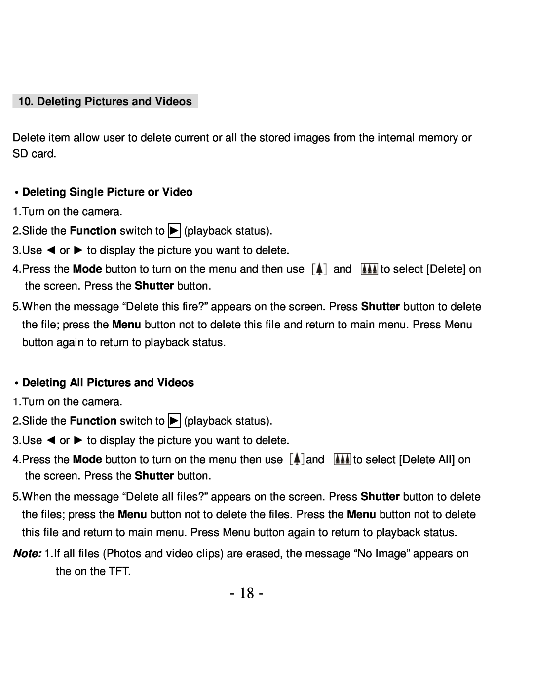 VistaQuest VQ5015 user manual Deleting Pictures and Videos, Deleting Single Picture or Video 1.Turn on the camera 