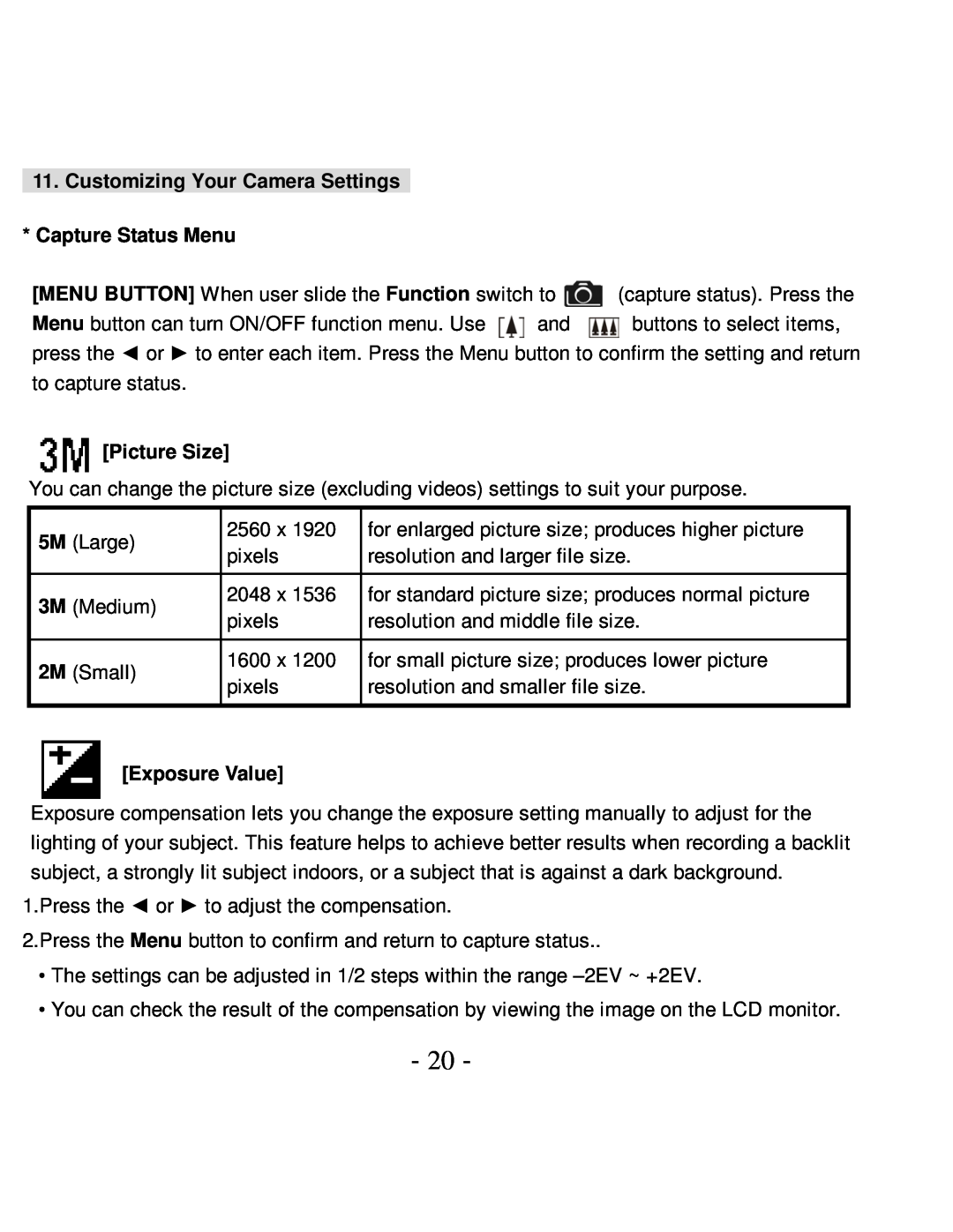 VistaQuest VQ5015 user manual Customizing Your Camera Settings Capture Status Menu, Picture Size, Exposure Value 