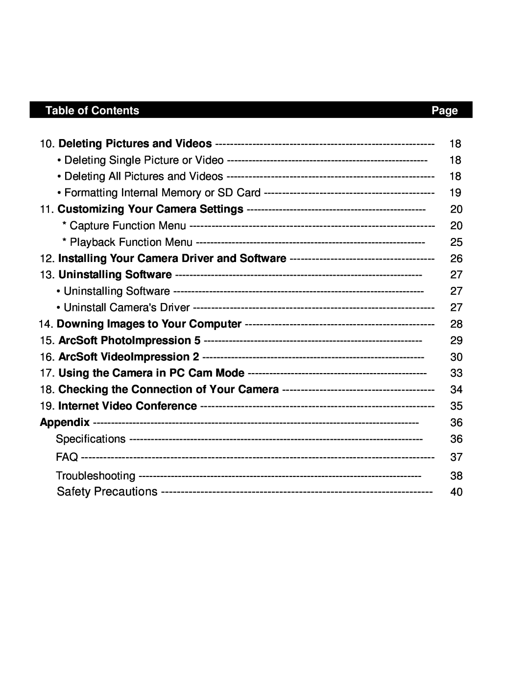 VistaQuest VQ5015 user manual Safety Precautions, Installing Your Camera Driver and Software, Table of Contents, Page 