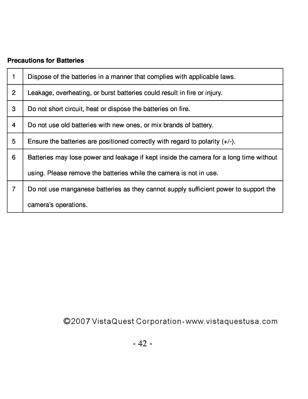 VistaQuest VQ5015 user manual Precautions for Batteries 