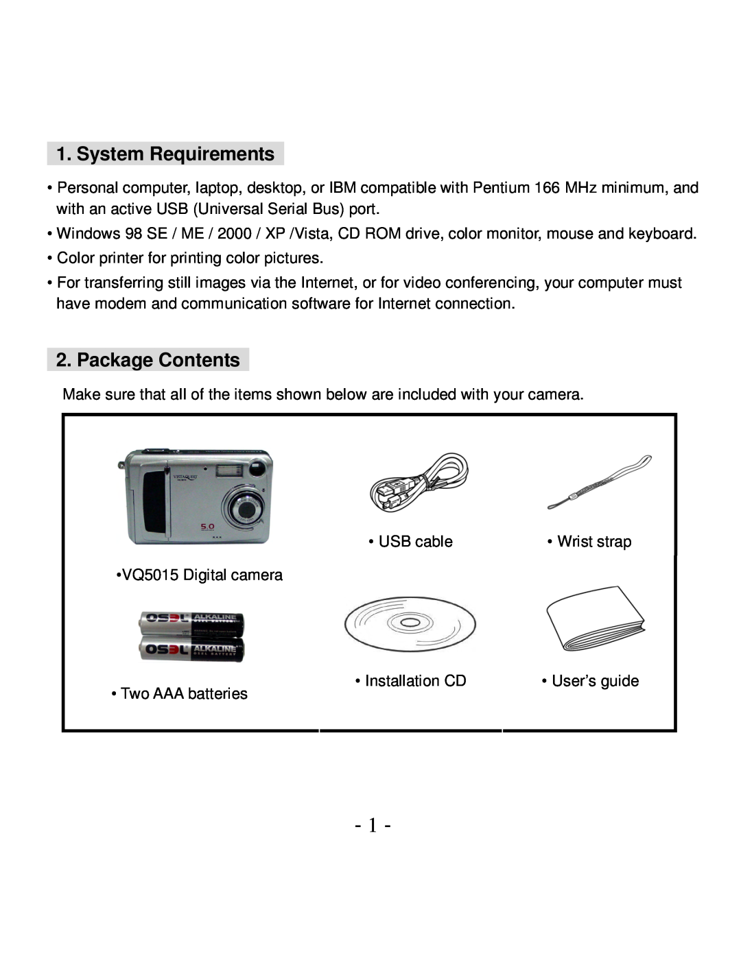 VistaQuest VQ5015 user manual System Requirements, Package Contents 